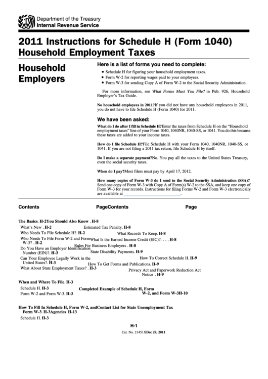 Form H-14 - 2011 Instructions For Schedule H (Form 1040) Household Employment Taxes - Household Employers Printable pdf