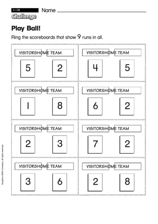 Play Ball! - Math Worksheet With Answer Key Printable pdf