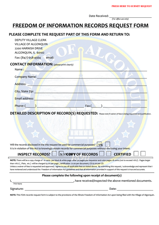 Fillable Freedom Of Information Records Request Form - Village Of Algonquin Printable pdf