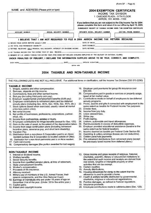 Form Sf - 2004 Exemption Certificate - State Of Ohio Printable pdf
