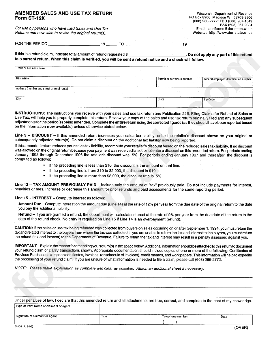 Form St-12x - Amended Sales And Use Tax Return - Wisconsin