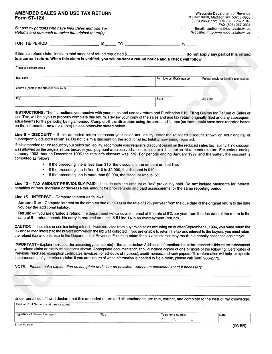 Form St12x Amended Sales And Use Tax Return Wisconsin printable