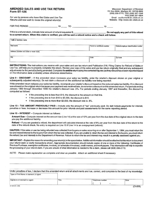 Form St-12x - Amended Sales And Use Tax Return - Wisconsin Printable pdf