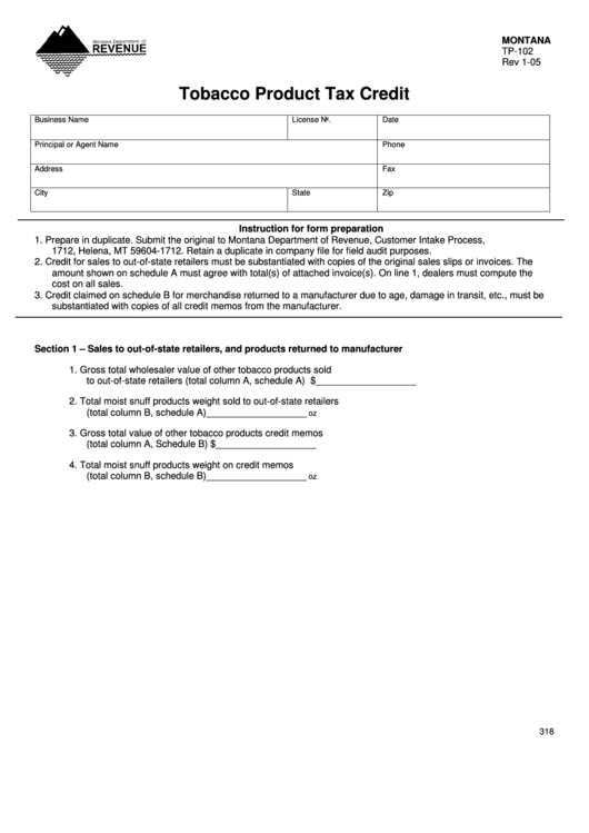 Fillable Form Tp-102 - Tobacco Product Tax Credit - 2005 Printable pdf