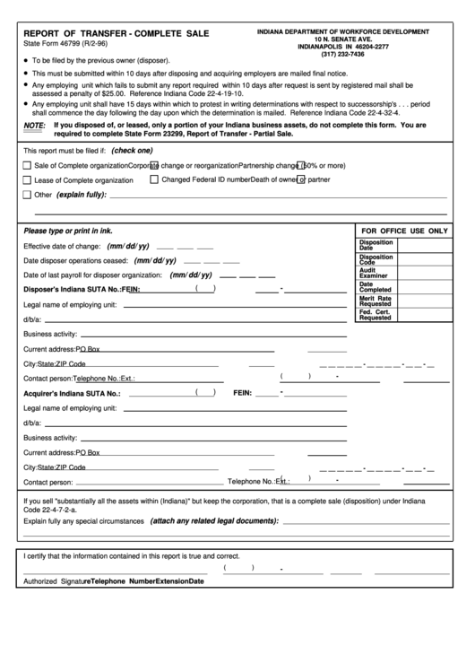State Form 46799 - Report Of Transfer - Complete Sale Printable pdf