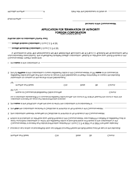 Form Dscb:15-4129/6129 - Application For Termination Of Authority Foreign Corporation Printable pdf