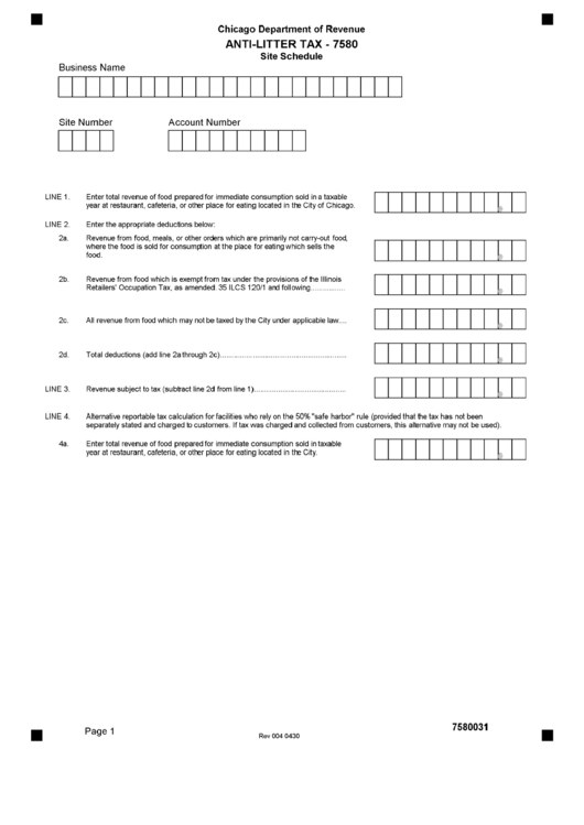 Anti-Litter Tax - 7580 - Chicago Department Of Revenue Printable pdf