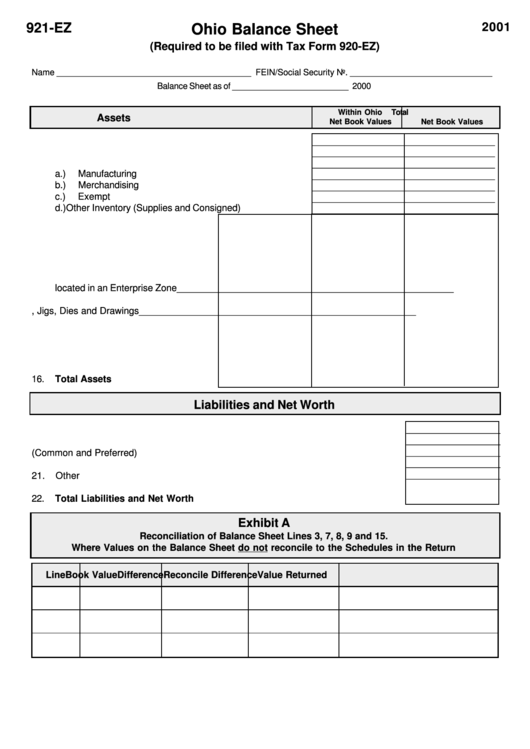 Form 921-Ez - Ohio Balance Sheet - 2001 Printable pdf