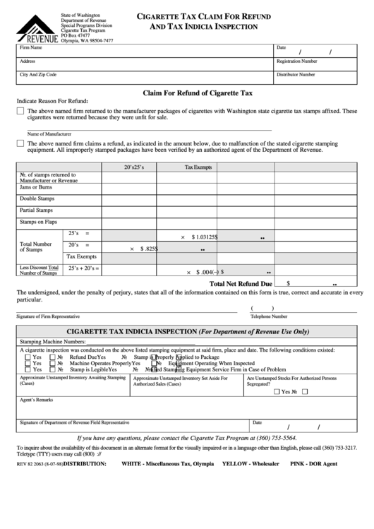 Claim For Refund Of Cigarette Tax - Washington Department Of Revenue Printable pdf