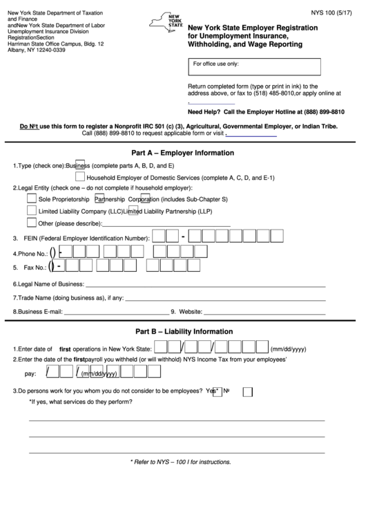 Form Nys 100 - New York State Employer Registration For Unemployment Insurance, Withholding, And Wage Reporting Printable pdf