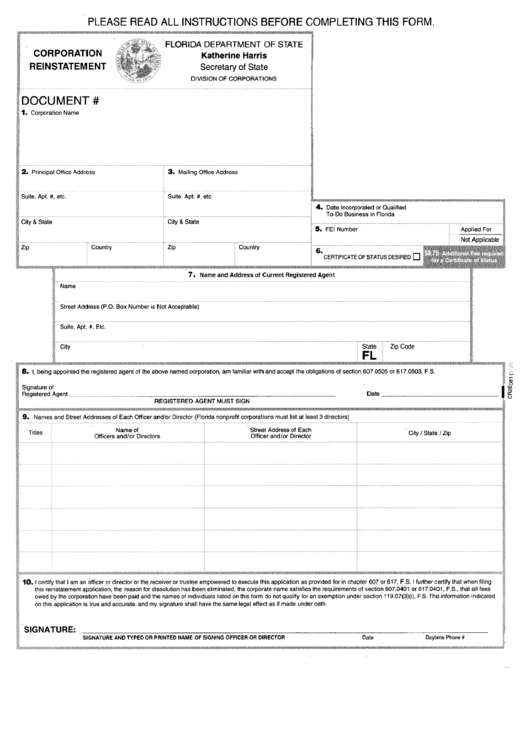 Corporation Reinstatement - Florida Department Of State Printable pdf