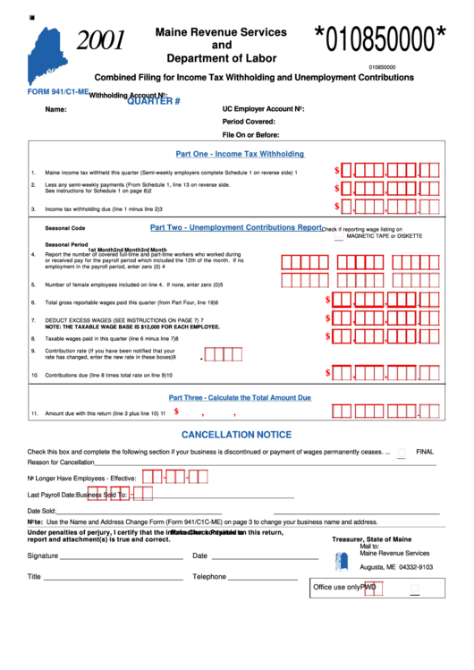 Form 941/c1-Me - Combined Filing For Income Tax Withholding And Unemployment Contributions - 2001 Printable pdf