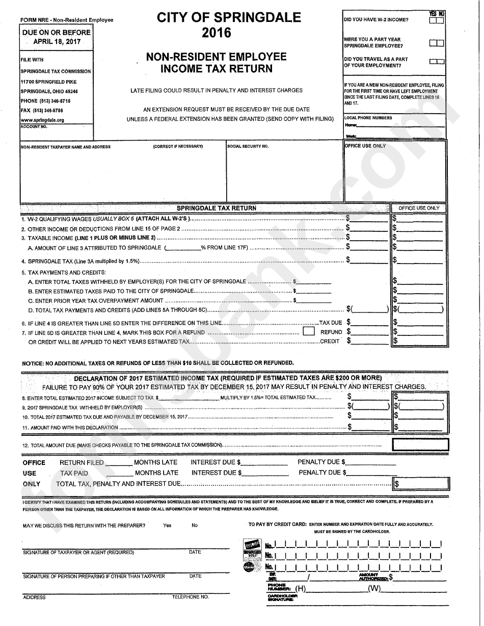 Form Nre - Non-Resident Employee Income Tax Return - City Of Springdale Tax Commission - 2016