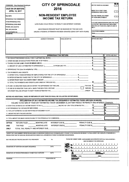 Form Nre - Non-Resident Employee Income Tax Return - City Of Springdale Tax Commission - 2016 Printable pdf