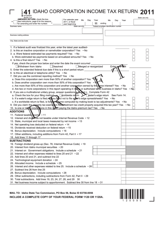 Form 41 Draft - Idaho Corporation Income Tax Return - 2011 Printable pdf