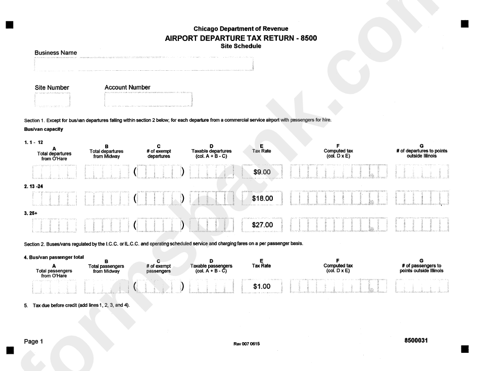 Form 8500 - Airport Departure Tax Return - Chicago Department Of Revenue - 2000