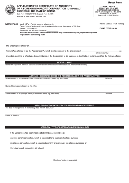 Fillable State Form 37035 - Application For Certificate Of Authority Of A Foreign Nonprofit Corporation To Transact Business In The State Of Indiana - 2012 Printable pdf