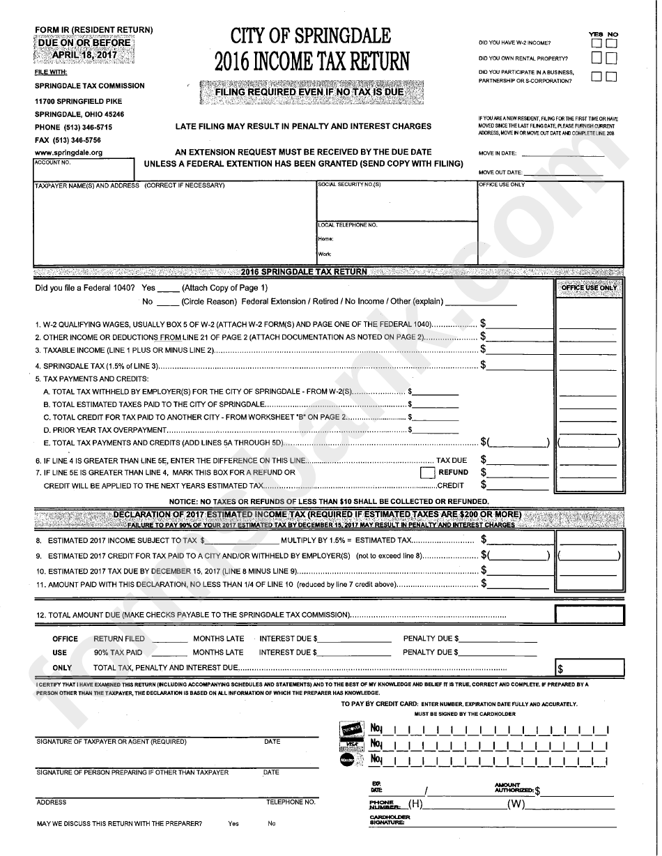 Form Ir - Income Tax Return - City Of Spingdale Tax Commission - 2016