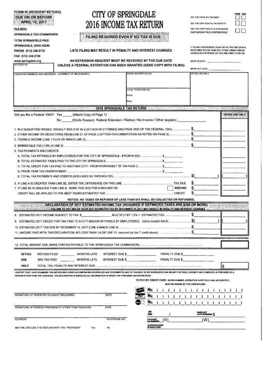 Form Ir - Income Tax Return - City Of Spingdale Tax Commission - 2016 Printable pdf
