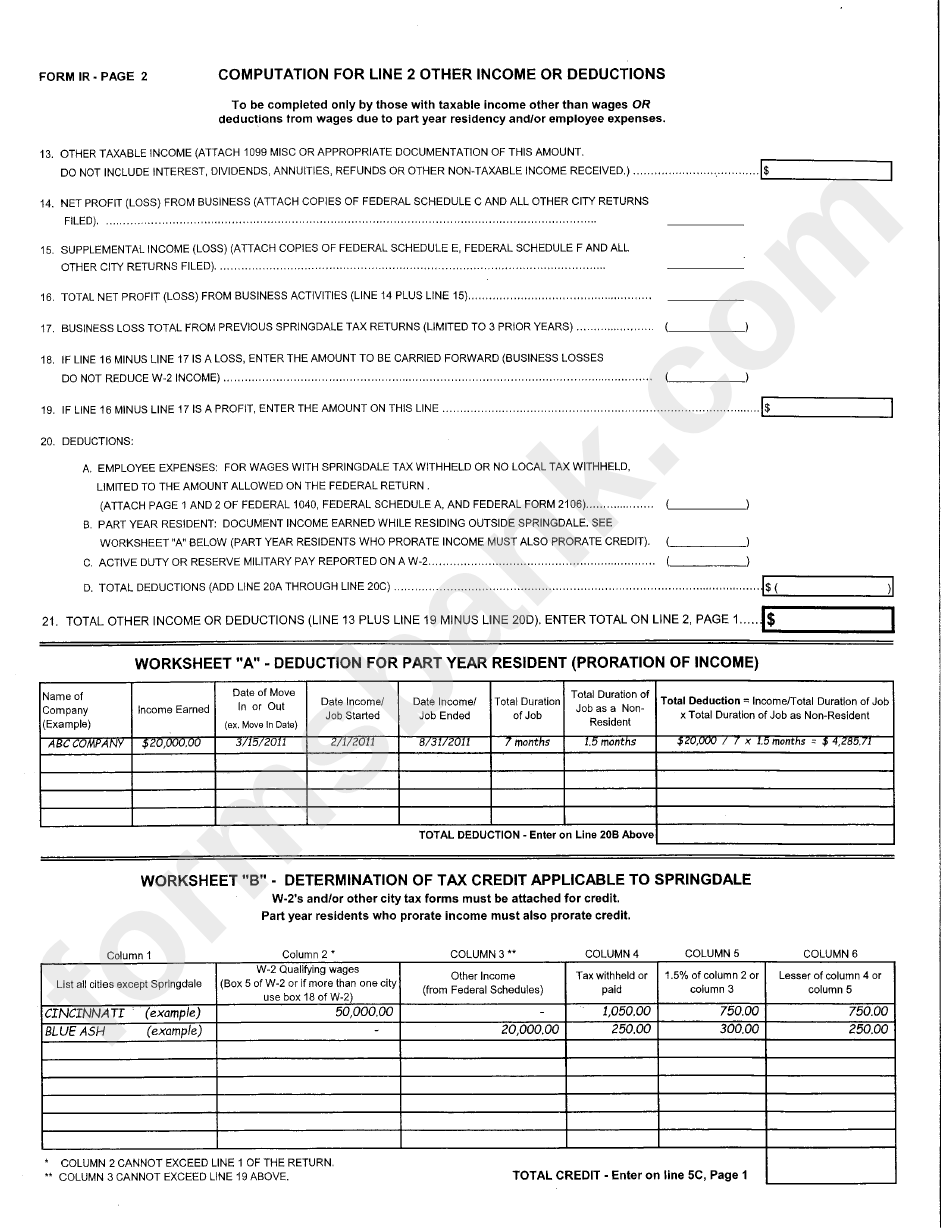 Form Ir - Income Tax Return - City Of Spingdale Tax Commission - 2016