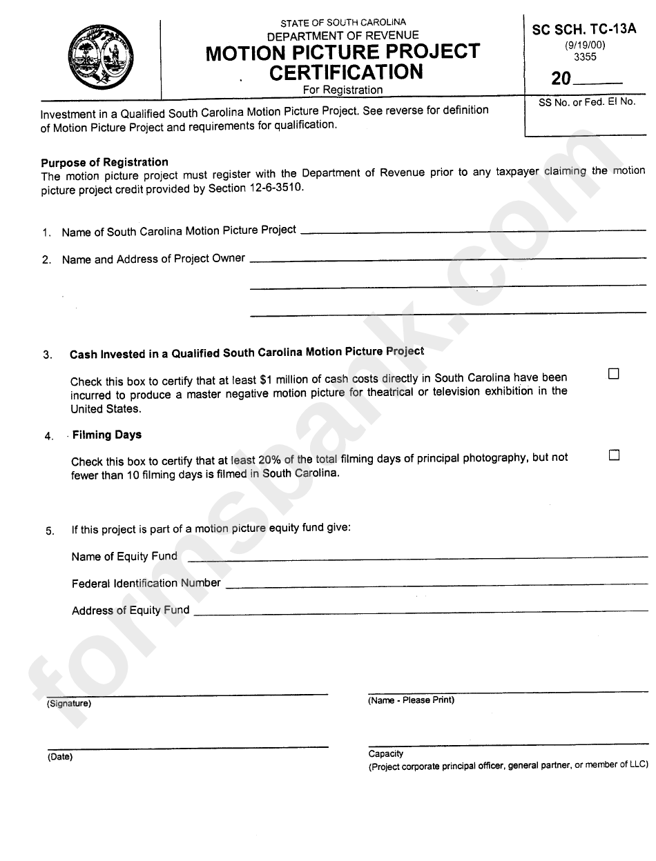 Form Sc Sch/tc-13a - Motion Picture Project Certification For Registration - State Of South Caalifornia Department Of Revenue - 2000