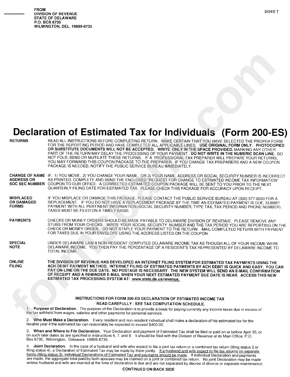 Form 200-Es - Declaration Of Estimated Tax For Individuals - Division Of Revenue State Of Delaware - 2003