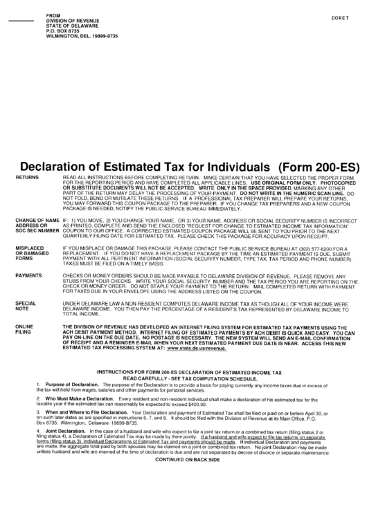 Form 200-Es - Declaration Of Estimated Tax For Individuals - Division Of Revenue State Of Delaware - 2003 Printable pdf