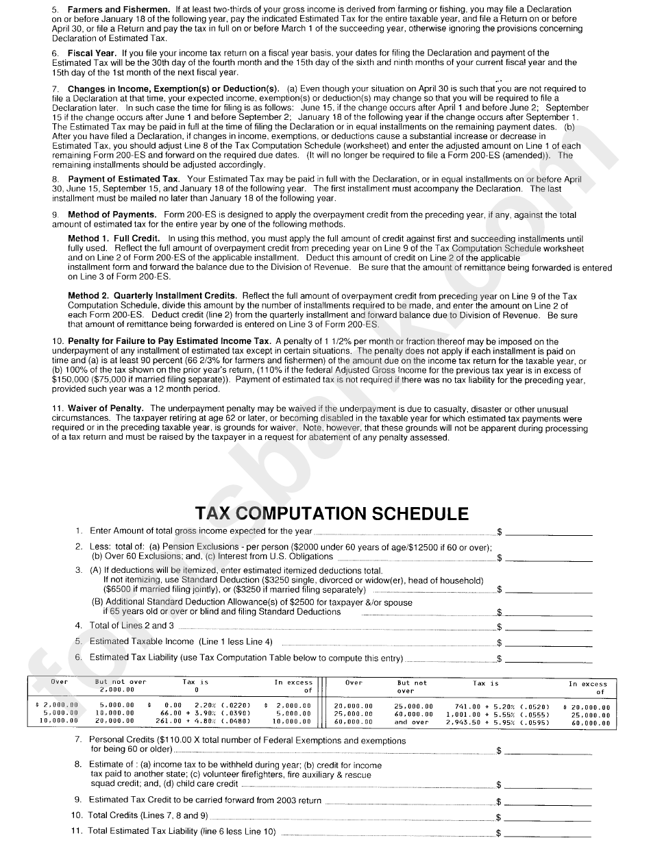 Form 200-Es - Declaration Of Estimated Tax For Individuals - Division Of Revenue State Of Delaware - 2003