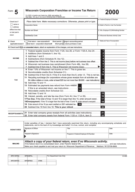 Form 5 - Wisconsin Corporation Franchise Or Income Tax Return - 2000 Printable pdf