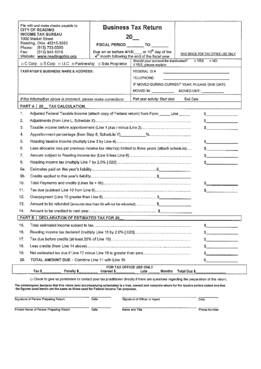 Business Tax Return - City Of Reading, Ohio Income Tax Bureau Printable pdf
