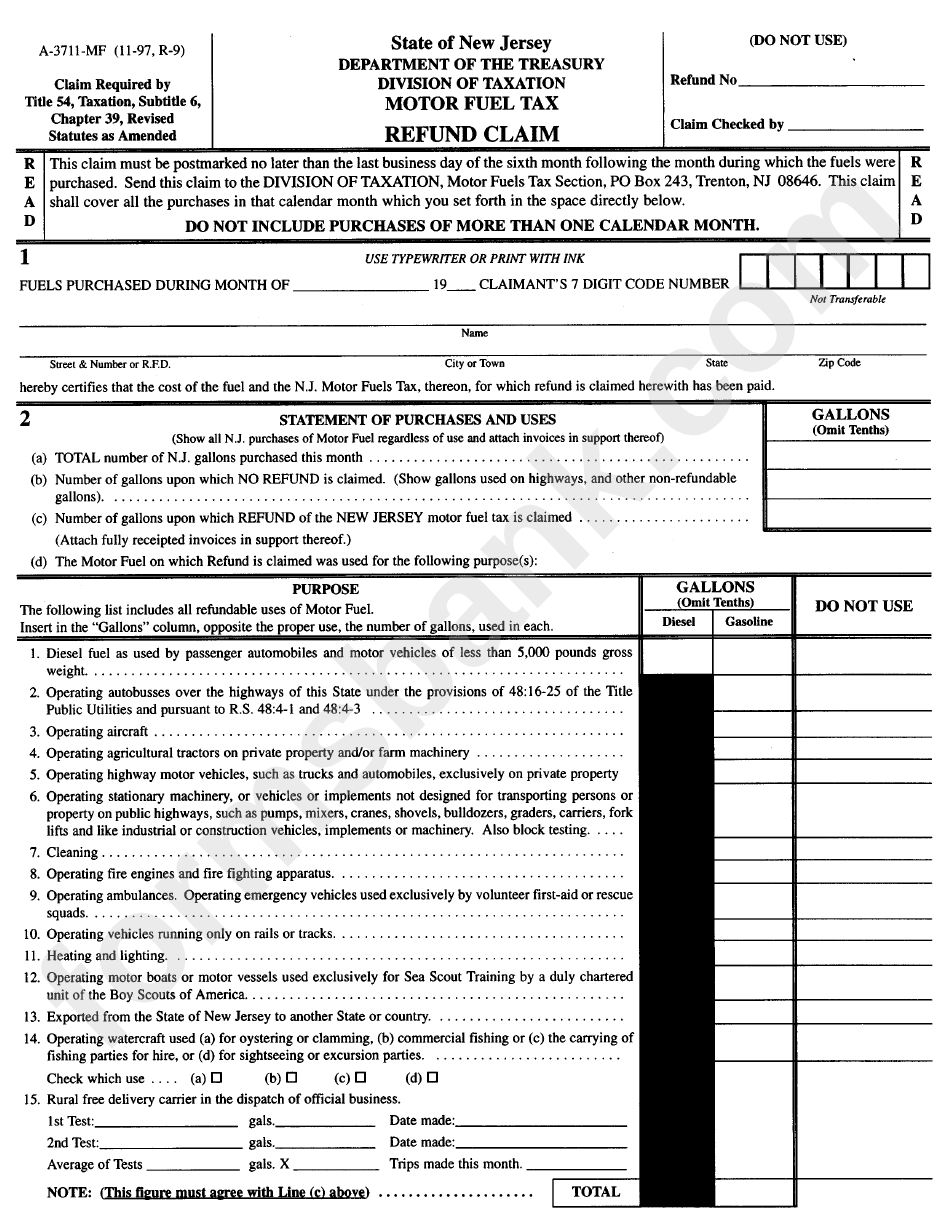 Form A-3711-Mf - Refund Claim - Motor Fuel Tax - Department Of The Treasury State Of New Jersey