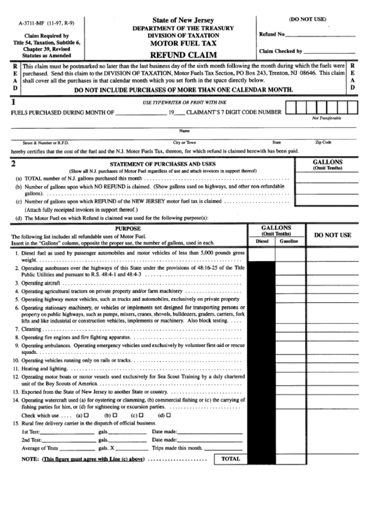 Form A-3711-Mf - Refund Claim - Motor Fuel Tax - Department Of The Treasury State Of New Jersey Printable pdf