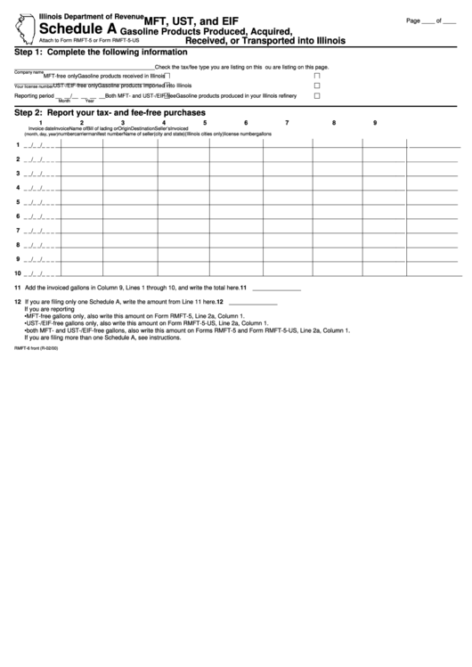 Form Rmft-6 - Schedule A - Mft, Ust, And Eif - Gasoline Products Produced, Acquired, Received, Or Transported Into Illinois Printable pdf