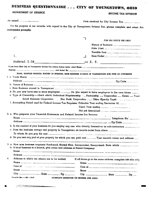 Business Questionnaire - City Of Youngstown - Invome Tax Division - 2000 Printable pdf