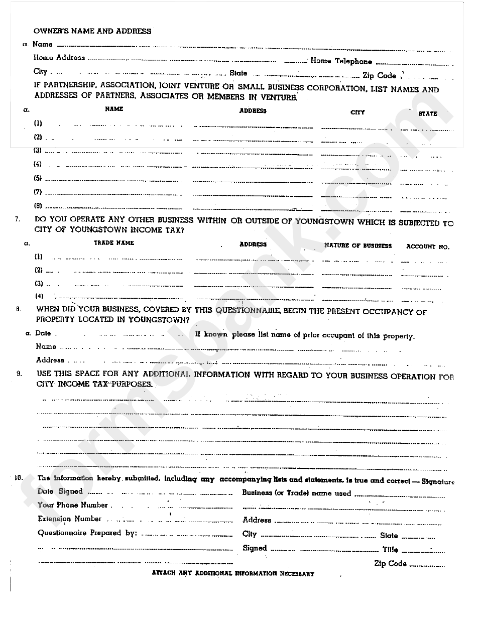 Business Questionnaire - City Of Youngstown - Invome Tax Division - 2000