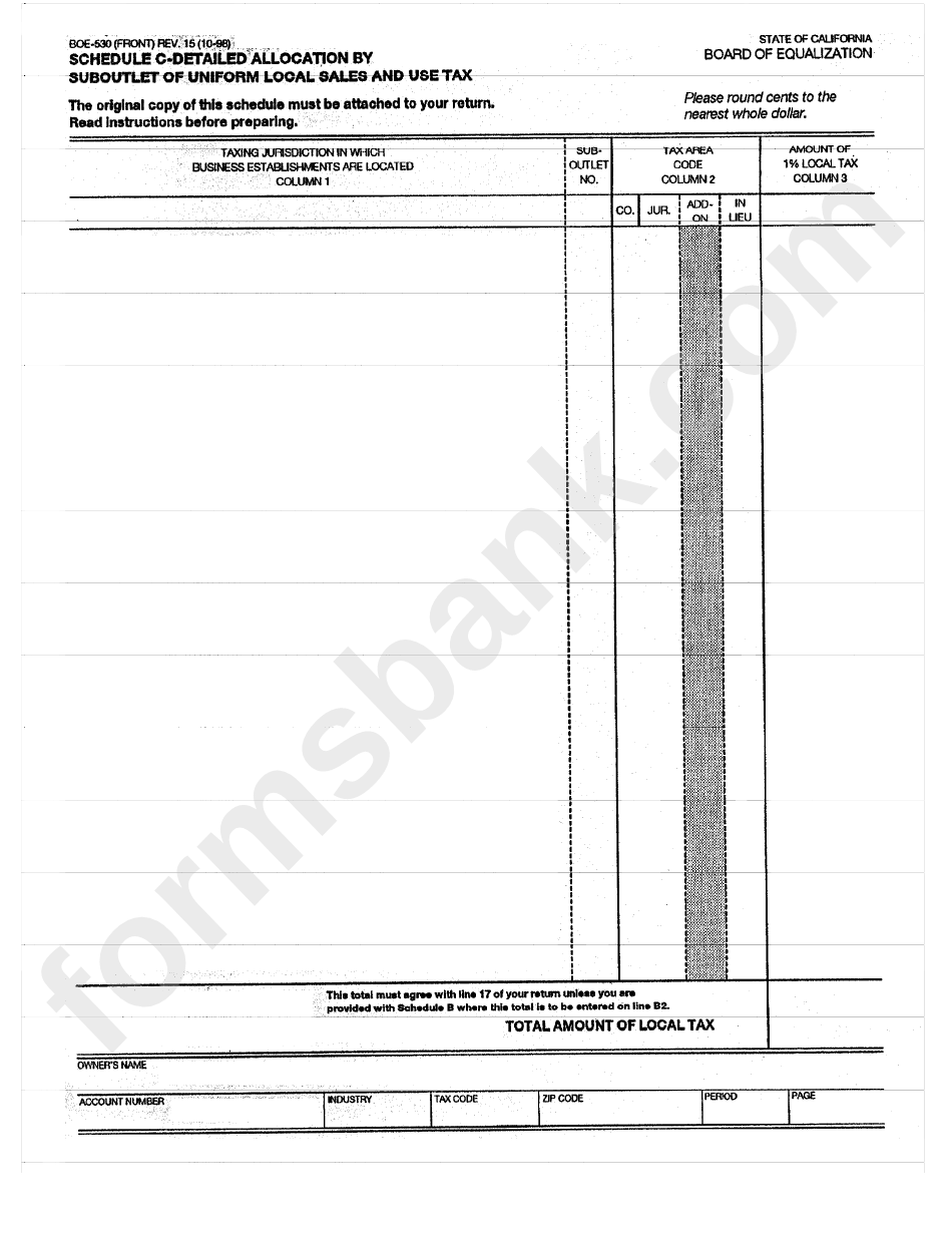 Form Boe-530 - Schedule C - Detailed Allocation By Suboutlet Of Uniform Local Sales And Use Tax - 1998