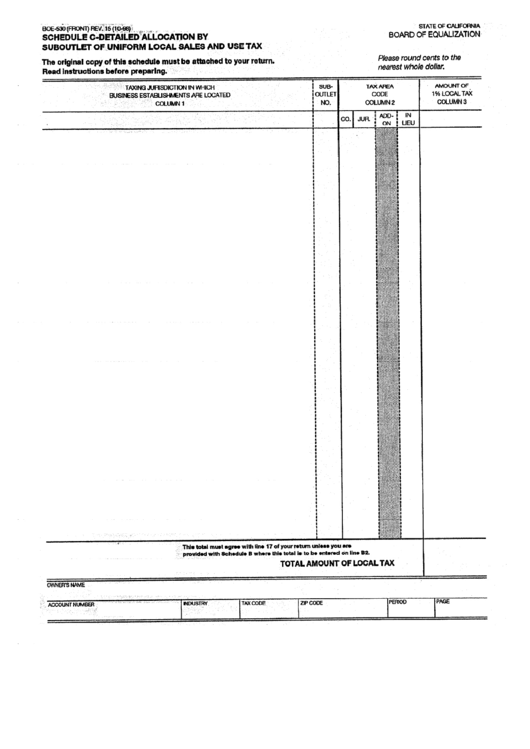 Form Boe-530 - Schedule C - Detailed Allocation By Suboutlet Of Uniform Local Sales And Use Tax - 1998 Printable pdf