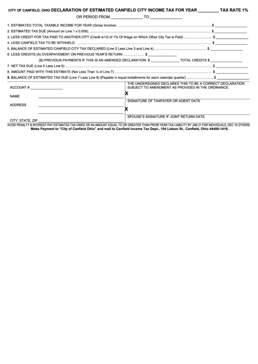 Declaration Of Estimated Canfield City Income Tax Form Printable pdf