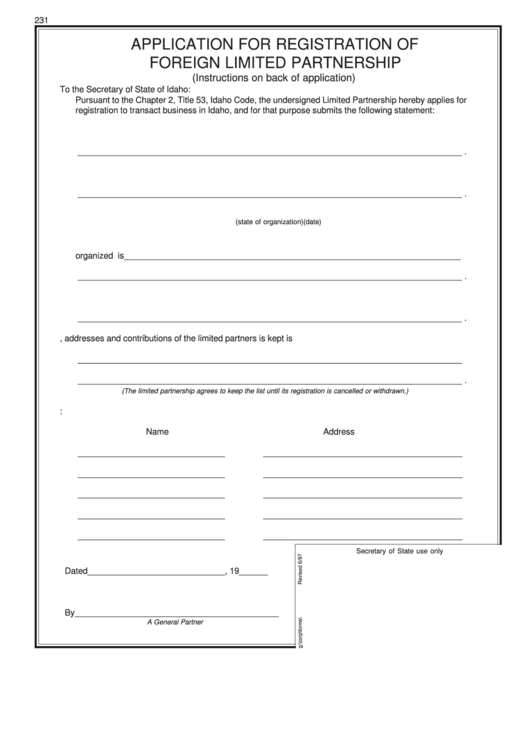 Application For Registration Of Foreign Limited Partnership Printable pdf