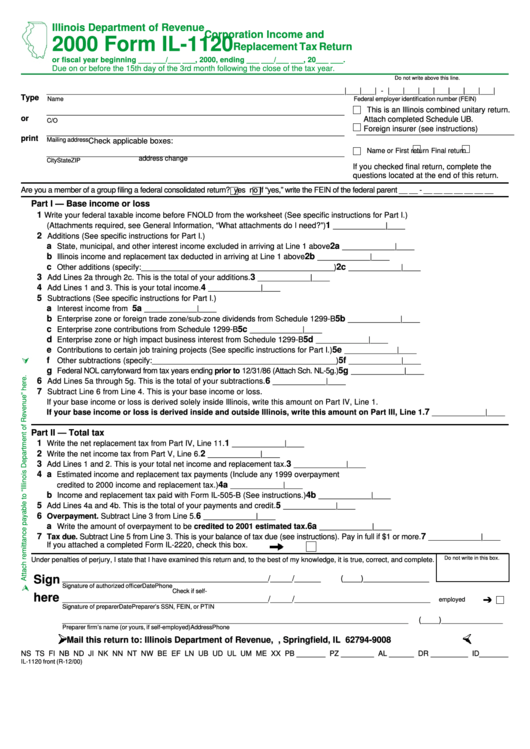 Form Il-1120 - Corporation Income And Replacement Tax Return - 2000 Printable pdf