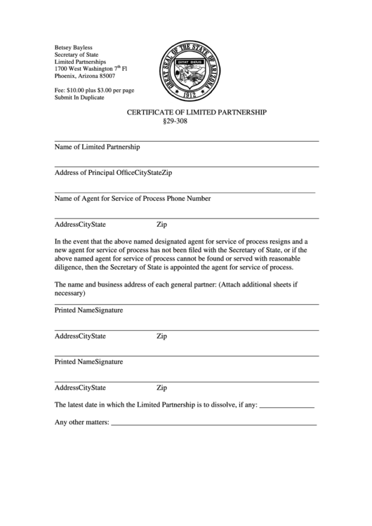 Fillable Certificate Of Limited Partnership - Arizona Secretary Of State Printable pdf