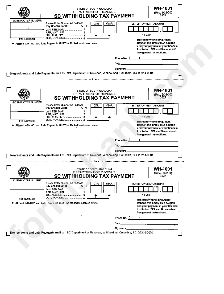 Form Wh-1601 - Sc Withholding Tax Payment - 2000
