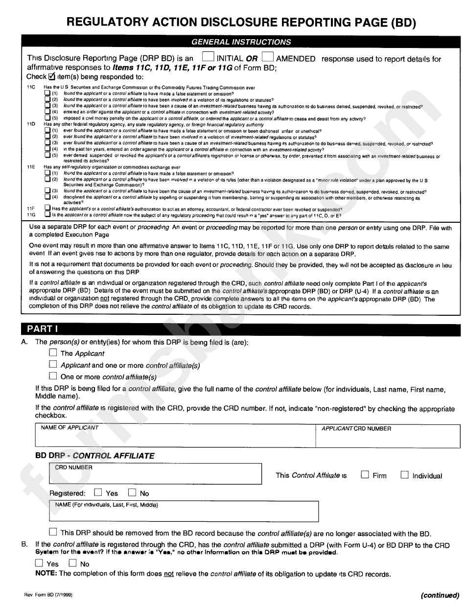 Form Bd - Uniform Application For Broker-Dealer Registration - 1999