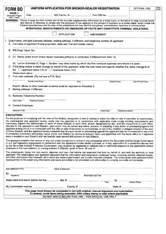 Form Bd - Uniform Application For Broker-dealer Registration - 1999