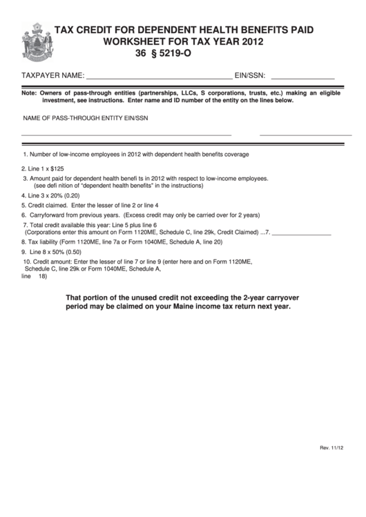 Tax Credit For Dependent Health Benefits Paid Worksheet For Tax Year 2012 Printable pdf