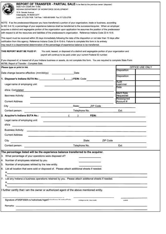 State Form 23299 - Report Of Transfer - Partial Sale - 2006 Printable pdf