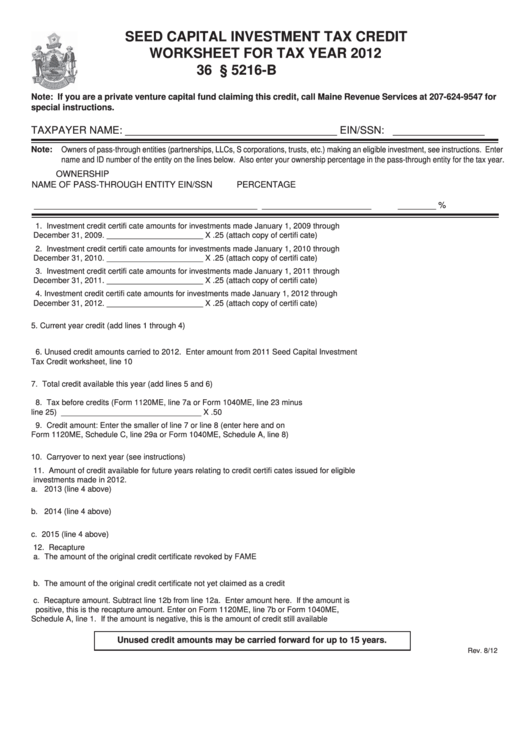 Seed Capital Investment Tax Credit Worksheet For Tax Year 2012 Printable pdf