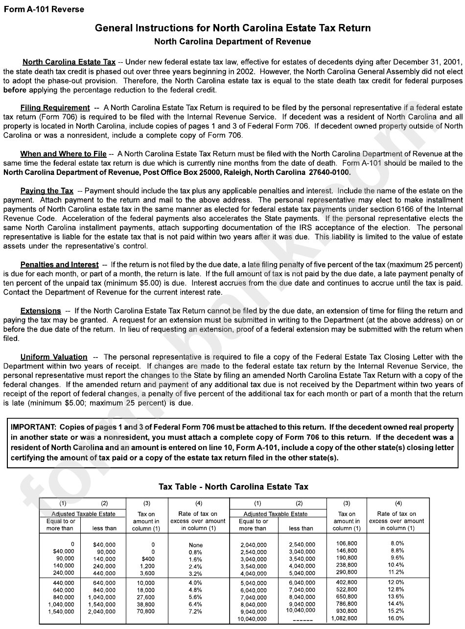 Form A-101 Reverse - General Instructions For North Carolina Estate Tax Return - 2004