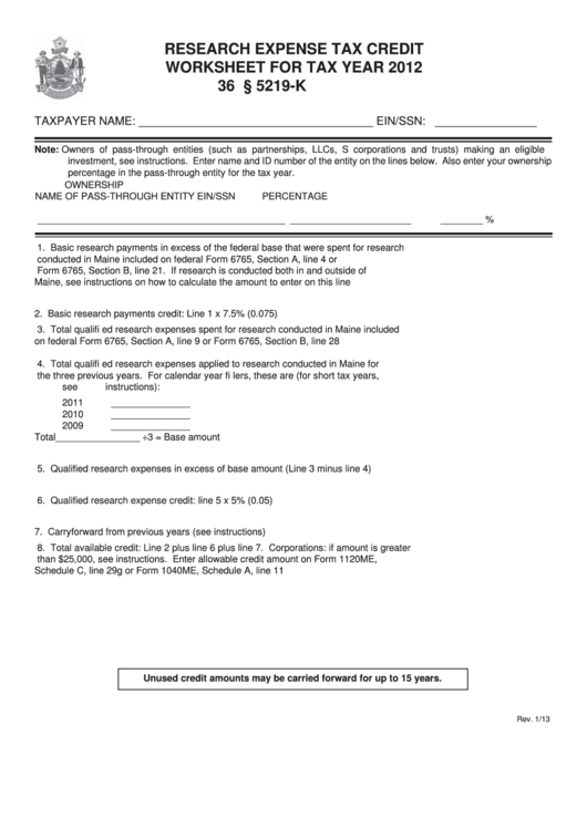 Research Expense Tax Credit Worksheet For Tax Year - 2012 Printable pdf