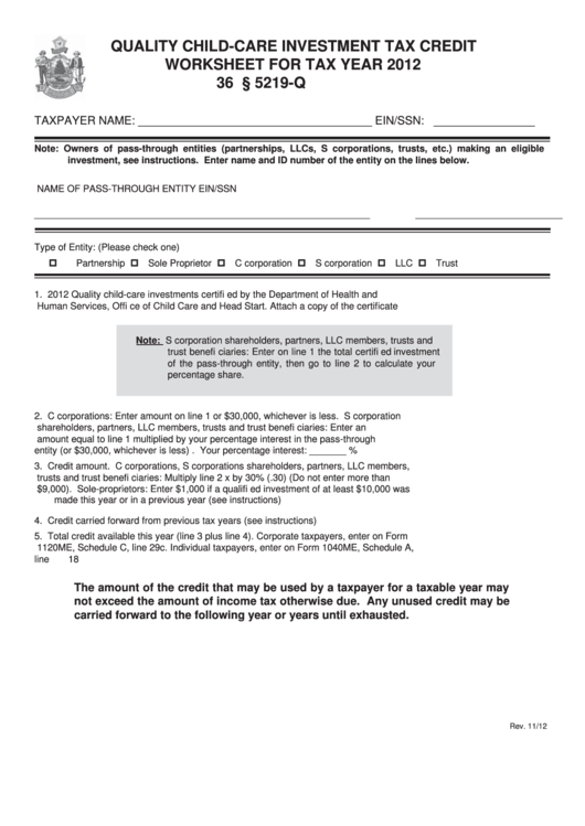 Quality Child-Care Investment Tax Credit Worksheet For Tax Year 2012 Printable pdf